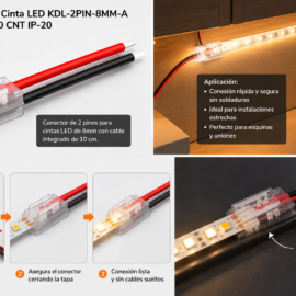 Conector 8MM Cinta LED KDL-2PIN-8MM-A con Cable de 10 CNT IP-20