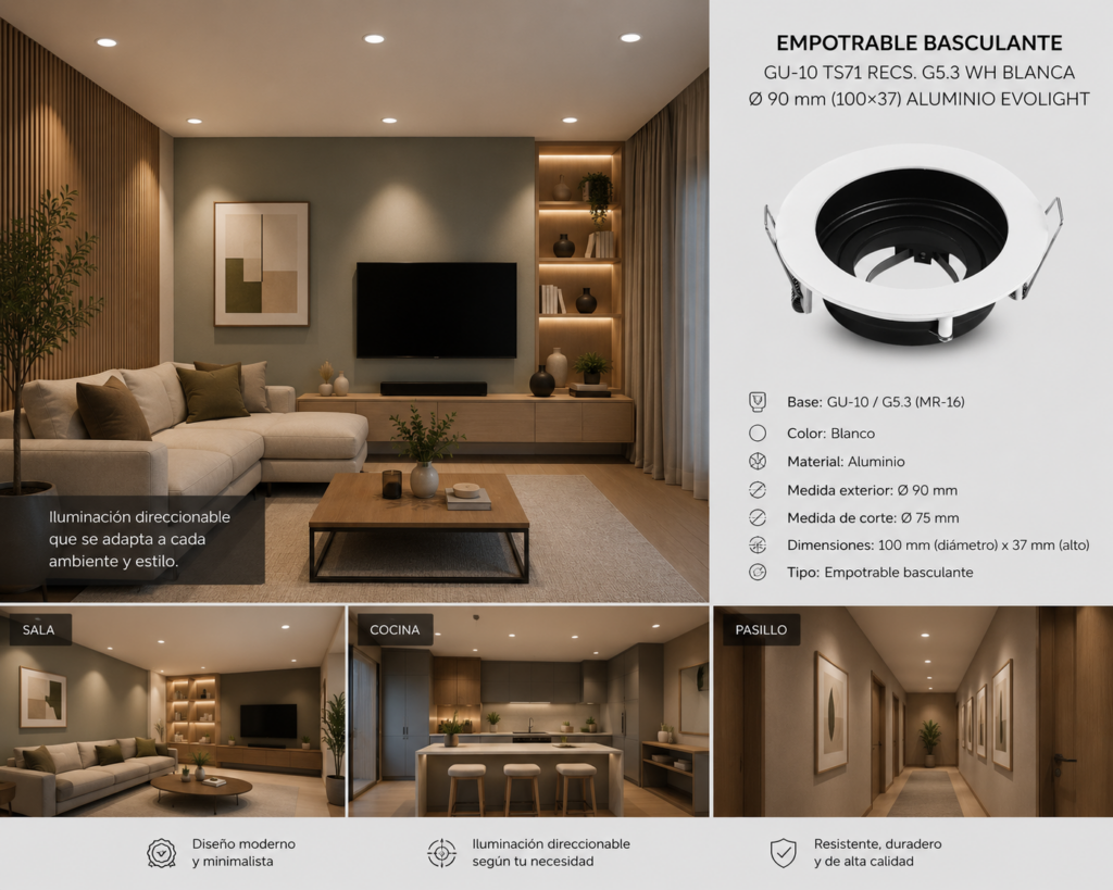 Empotrable basculante GU-10 TS71 RECS. G5.3 WH BLANCA Ø 90 mm (100×37) ALUMINIO EVOLIGHT