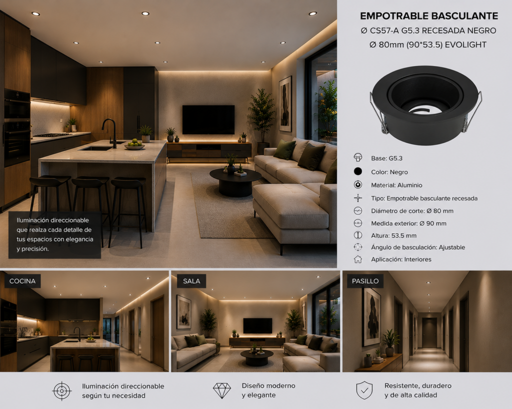 Empotrable Basculante Ø CS57-A G5.3 Recesada Negro Ø 80mm (90*53.5) EVOLIGHT
