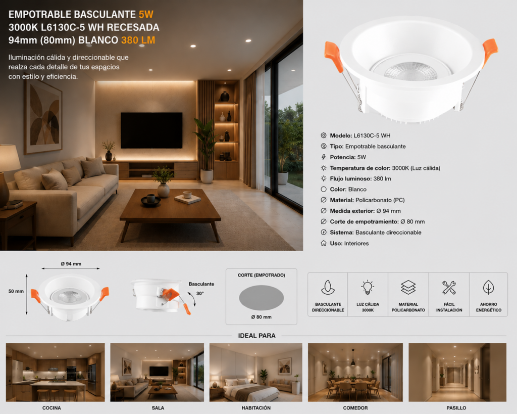 Empotrable Basculante 5w 3000k L6130C-5 WH Recesada.94mm (80mm) Blanco 380 lm