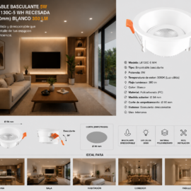 Empotrable Basculante 5w 3000k L6130C-5 WH Recesada.94mm (80mm) Blanco 380 lm