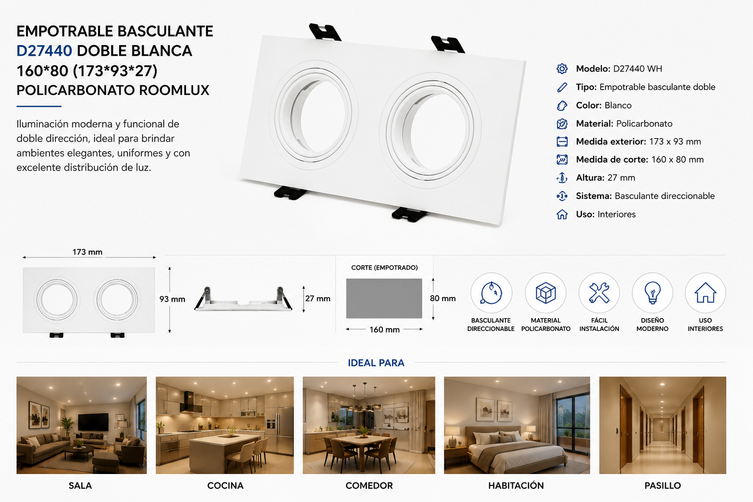 Empotrable Basculante D27440 Doble Blanca 160*80 (173*93*27) Policarbonato ROOMLUX
