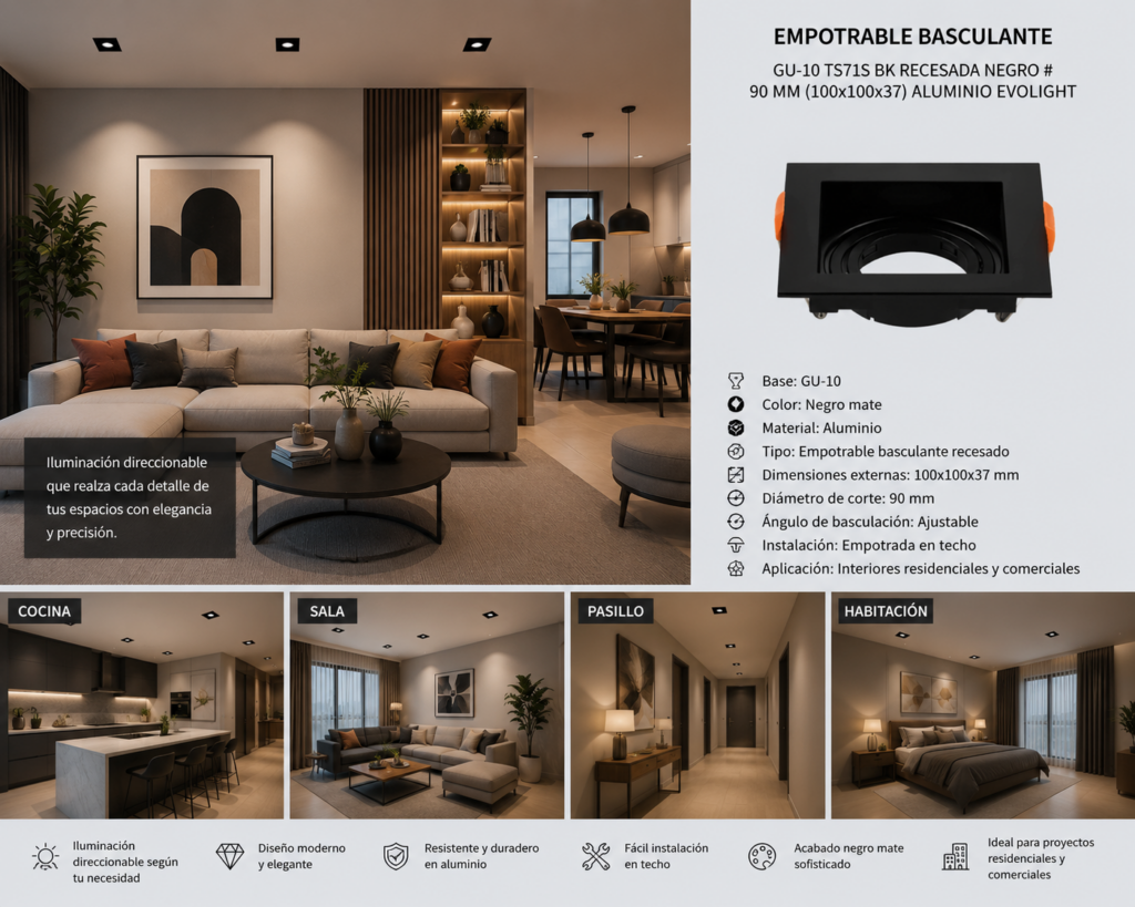 Empotrable Basculante GU-10 TS71S BK Recesada Negro # 90 mm (100x100x37) ALUMINIO EVOLIGHT