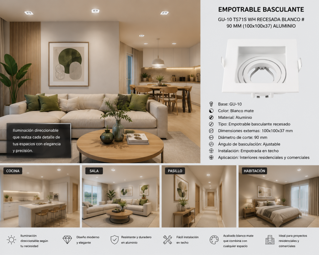 Empotrable Basculante GU-10 TS71S WH Recesada Blanco # 90 mm (100x100x37) Aluminio