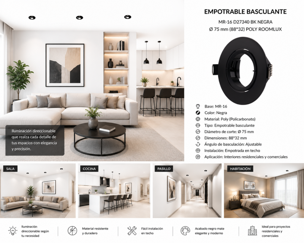 Empotrable Basculante MR-16 D27340 BK Negra Ø 75 mm (88*32) POLY ROOMLUX