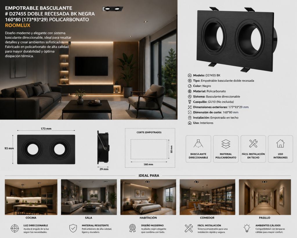 Empotrable Basculante # D27455 Doble Recesada BK Negra 160*80 (173*93*29) Policarbonato ROOMLUX