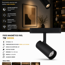 Foco Magnético Riel 7W 3000K LZ-QJ218 24º DC48V 70*160 mm