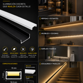 Perfil U 15 x 7 x 3 MT Negro Aluminio con Difusor (Micro)