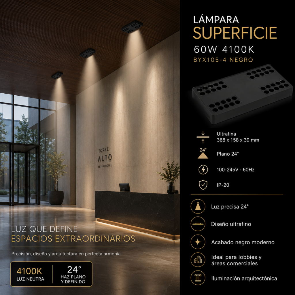 Lámpara Superficie 60w 4100K DOTS BY-X105-4 Negro Ultrafina 368x158x39mm Plano 24º 100-245v 60hz IP-20
