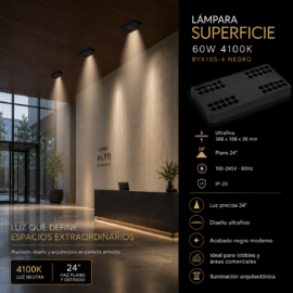 Lámpara Superficie 60w 4100K DOTS BY-X105-4 Negro Ultrafina 368x158x39mm Plano 24º 100-245v 60hz IP-20