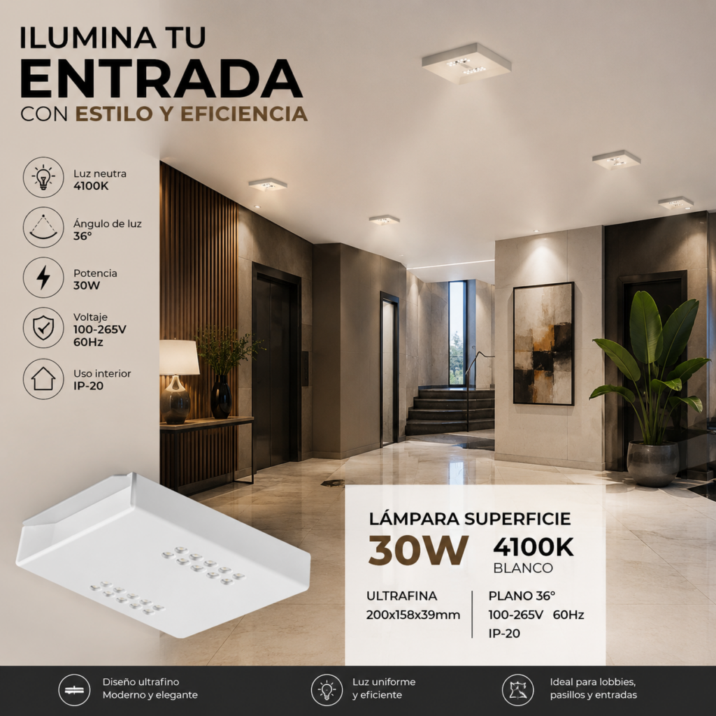 Lámpara Superficie 30W 4100K DOTS BY-X105-2 Blanco Ultrafina 200x158x39mm Plano 36º 100-265v 60hz