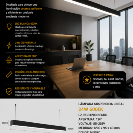 Lampara Suspendida 24w 6000k LZ-BGD1200 Negro Lineal 120° 85-265V 1200X95x40