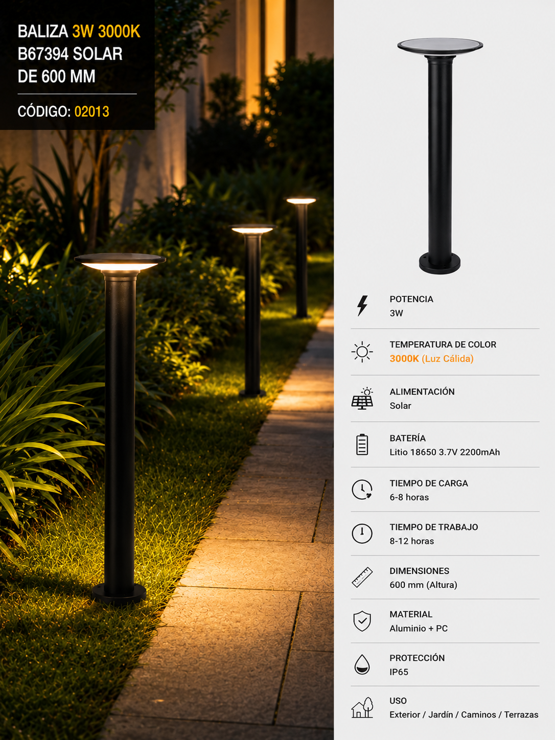 Baliza 3W 3000K B67394 Solar de 600 MM ROOMLUX