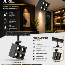 Foco Magnético Riel 8w 3000k 100*100MM Recesado Basculante 48v DC 24º