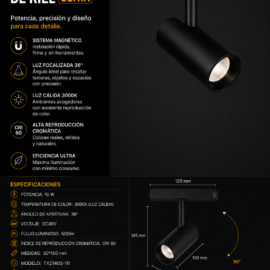 Foco Magnético de Riel 10 W 3000K TX2140S-10 36º DC48V 500lm CRI-90 50*150 mm Negro Ultra