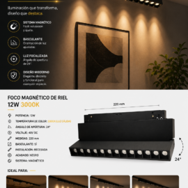 Foco Magnético de Riel 12 w 3000k 220 mm Basculante Recesada 24º, 48v DC