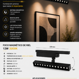 Foco Magnético de Riel 12 w 3000k 220 mm Basculante Recesada LED 24º, 48v DC