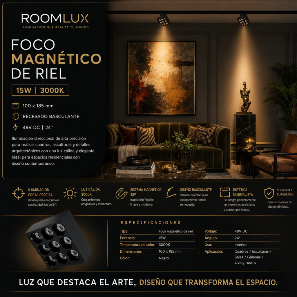 Foco magnético de riel 15W 3000k 100*185*mm recesado basculante 48v dc 24º