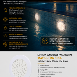 Lampara Sumergible15W Ultra Fina 180MM*28MM 3000K 12V IP-68 para Piscinas