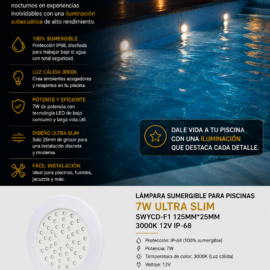 Lampara Sumergible Piscina 7W Ultra Slim SWYCD-F1 125MM*25MM 3000K 12V IP-68 para Piscinas