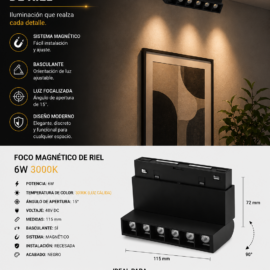 Foco Magnético de Riel 6W 3000K LZ-GDZD6*1 115 mm 15º 48 v Recesada Basculante