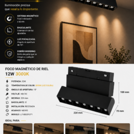 Foco Magnético de Riel 12W 3000K LZ-GDZD12*1 220 mm 15º 48v DC Recesada Basculante