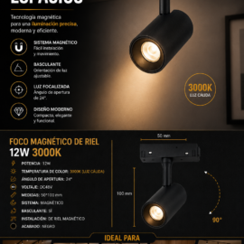 Foco Magnético de Riel 12W 3000K 24º BY-ZX5016 DC48V 50*100 mm