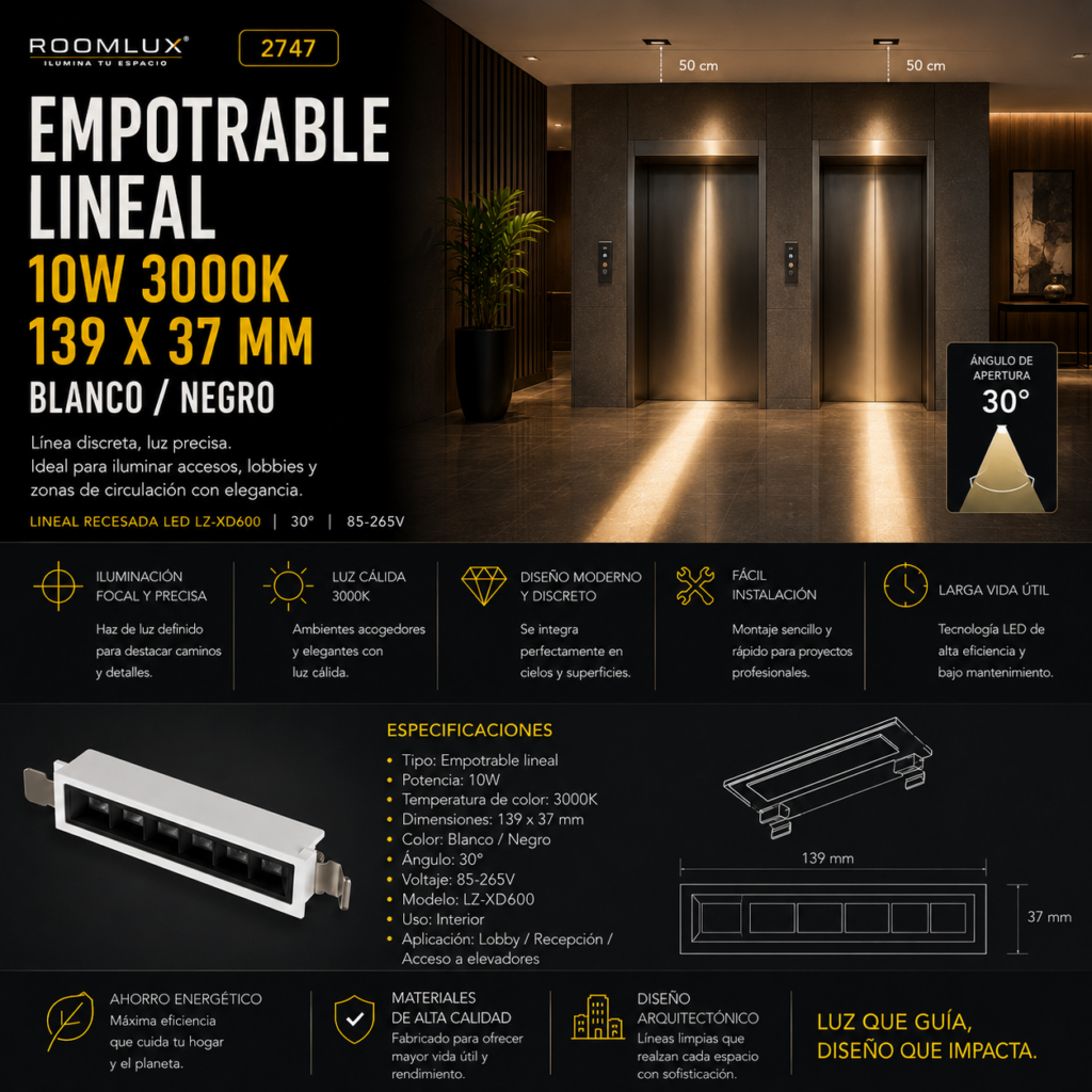 Empotrable lineal minimalista10W 3000K 139X37mm blanco/negro 30° 85-265V lineal recesada LED LZ-XD600