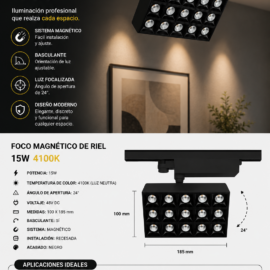 Foco Magnético de Riel 15w 4100k 100*185mm Recesado Basculante Magnético 48v DC 24º