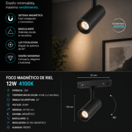Foco Magnético de Riel 12w 4100K DC48V 24º 20*100 mm BY-ZX5016
