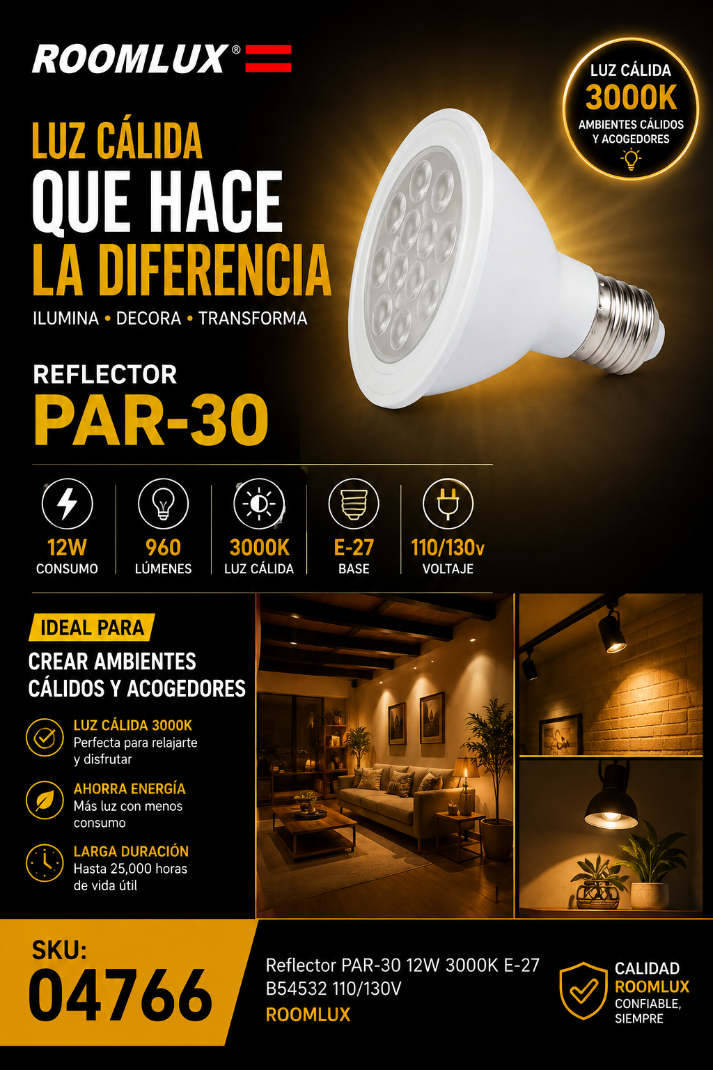 Reflector PAR-30 12W 3000K E-27 B54532 110/130V ROOMLUX