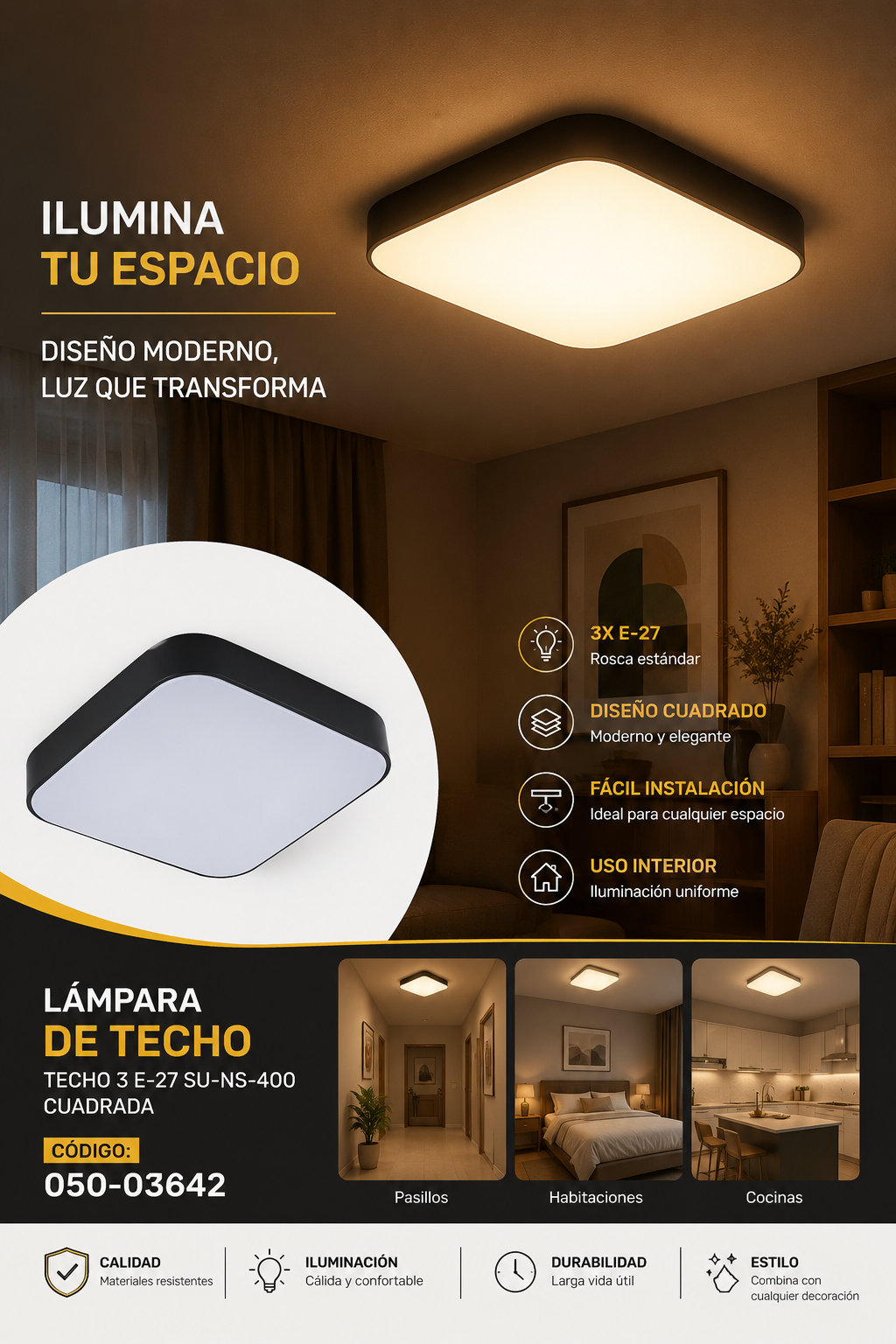 Lampara Techo 3 E-27 SU-NS-400 Cuadrada