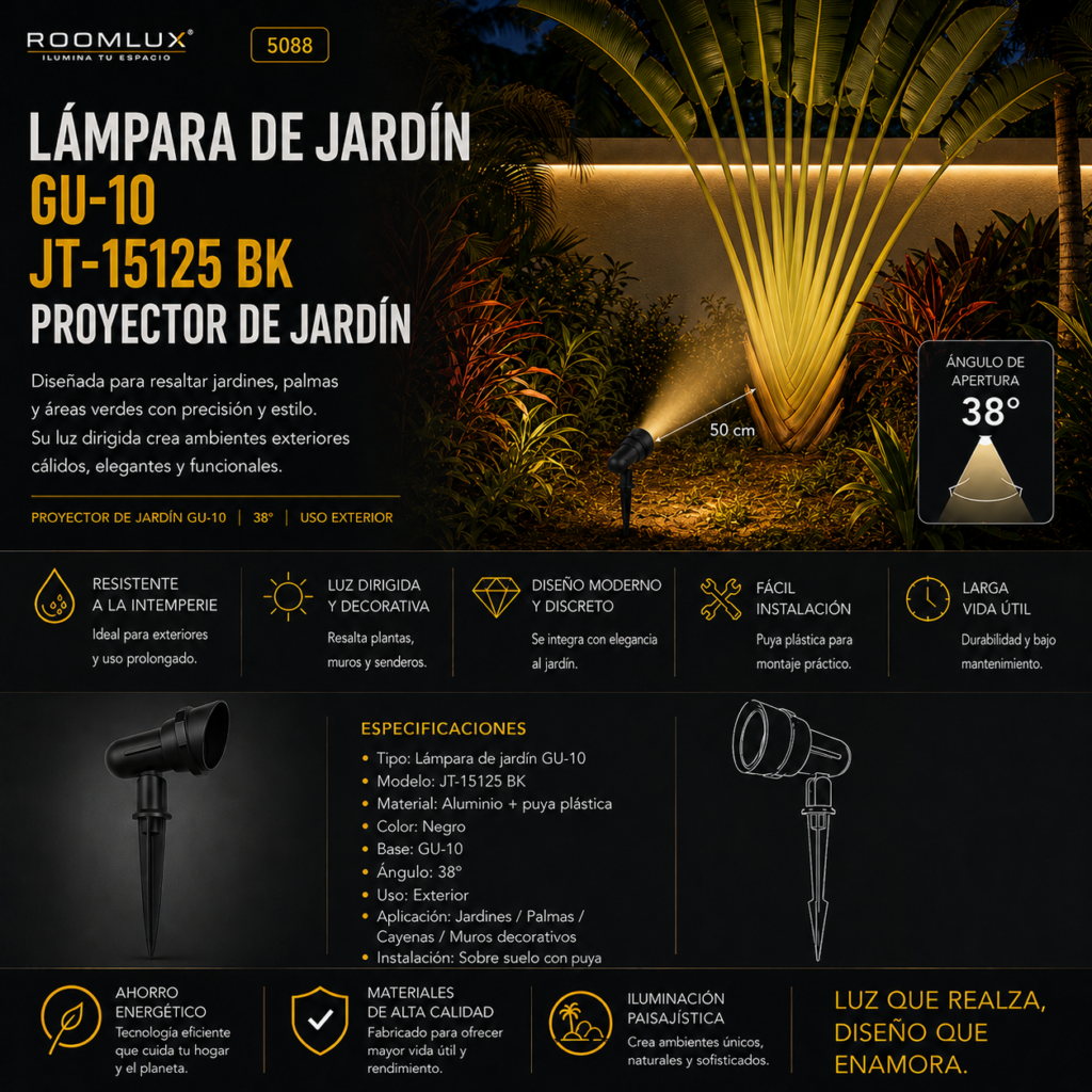 Lampara de jardin gu-10. JT-15125 BK proyector de jardín aluminio c/puya plástica color negro