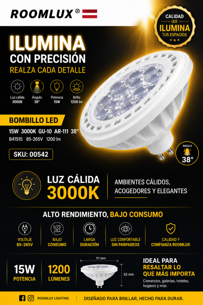 Bombillo 15w 3000k GU-10 AR-111 38º B41515 85-265V 1200 lm ROOMLUX