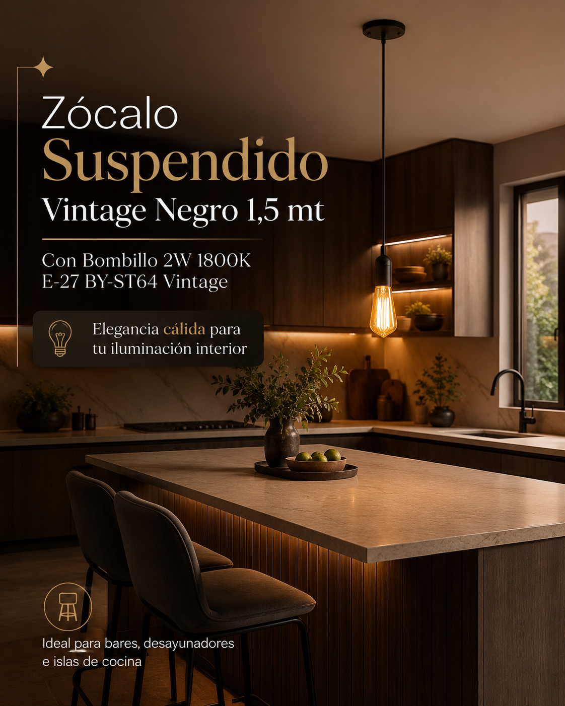 Zócalo Suspendido Vintage Negro E-27 1,5 mt para iluminación interior,