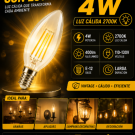 Bombillo 4w 2700k E-12 Vintage CLEAR vela B70102 C-35 400LM 110V-130V ROOMLUX