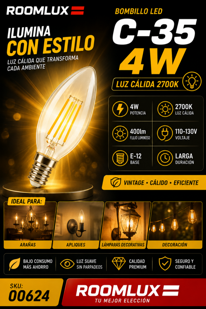 Bombillo 4w 2700k E-12 Vintage CLEAR vela B70102 C-35 400LM 110V-130V ROOMLUX