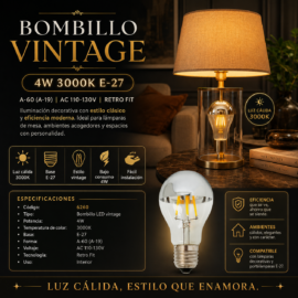 Bombillo 4w 3000k E-27 VINTAGE GOLD A-60 (A-19) AC-110-130V CON RETRO FIT (ILUMINACIÓN