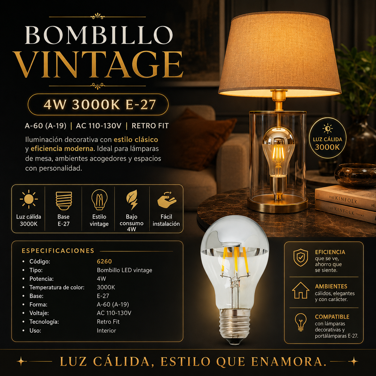 Bombillo 4w 3000k E-27 VINTAGE A-60 (A-19) AC-110-130V CON RETRO FIT (ILUMINACIÓN