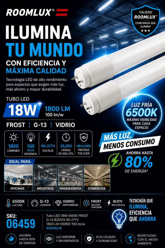 Tubo LED 18w 6500K FROST G-13 B25515 90-277V 1800 LM VIDRIO 100 lm/w ROOMLUX