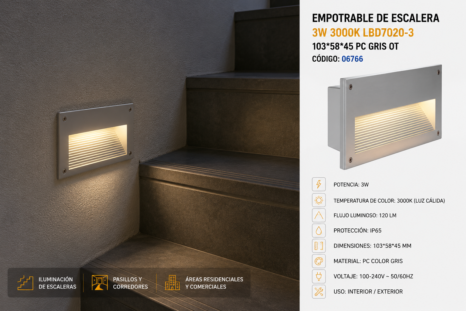 Empotrable de Escalera 3w 3000k LBD7020-3 103*58*45 PC Gris OT