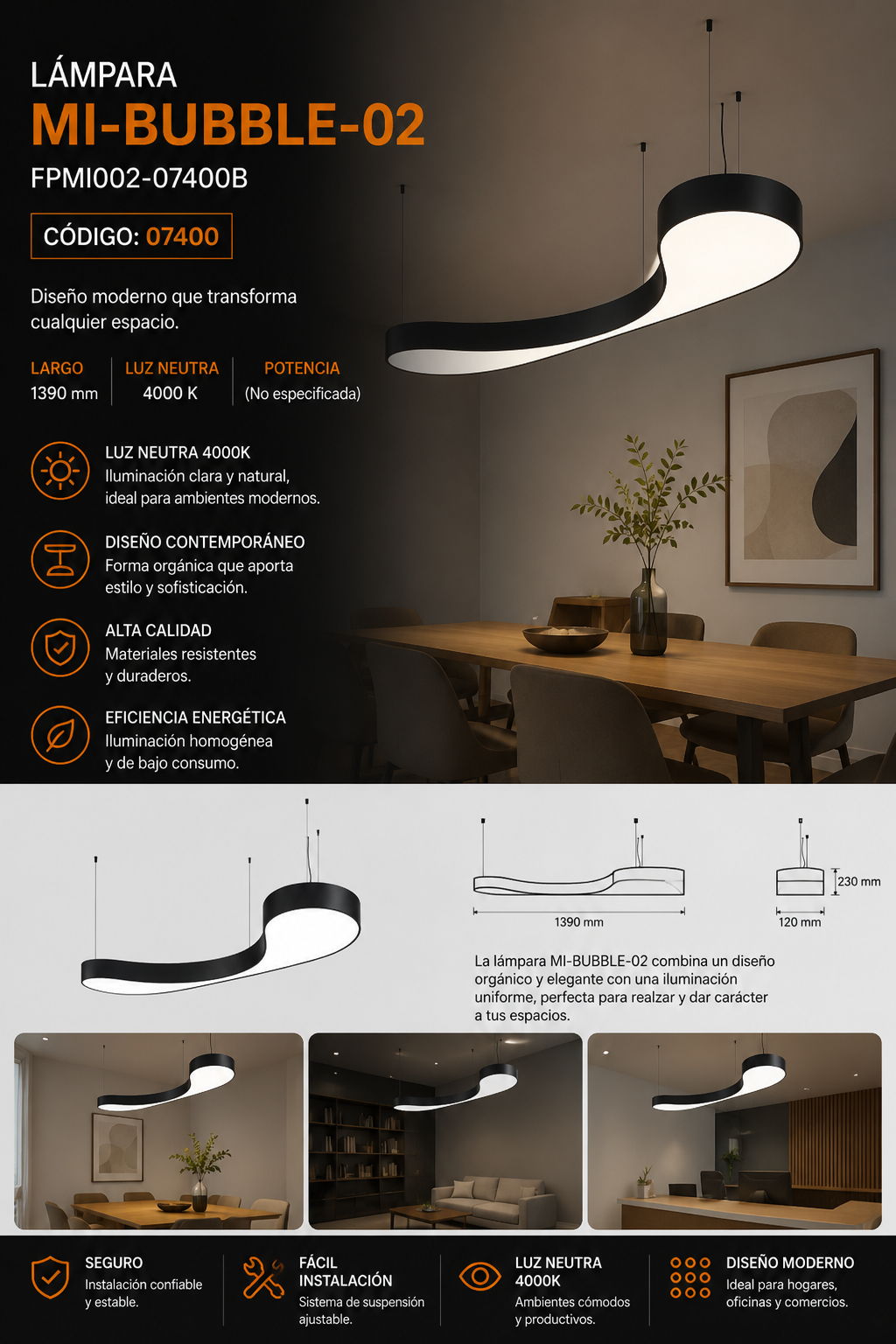 Lampara FPMI002-07400B MI-BUBBLE-02 L=1390mm, Suspendido, Abajo, Helado, 4000 K,