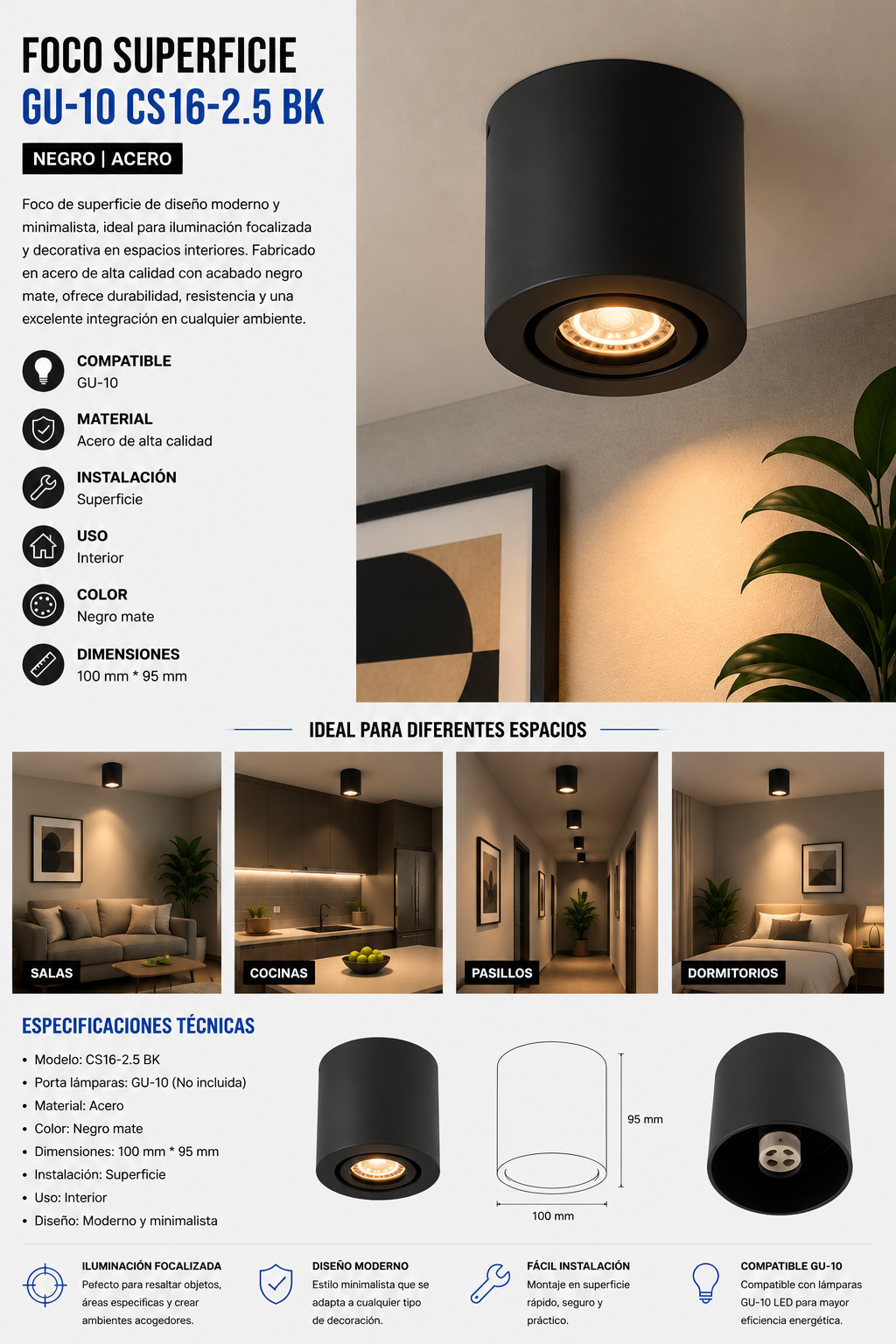 Foco Superficie GU-10 CS16-2.5 BK 100*95 mm Acero Negra EVOLIGHT