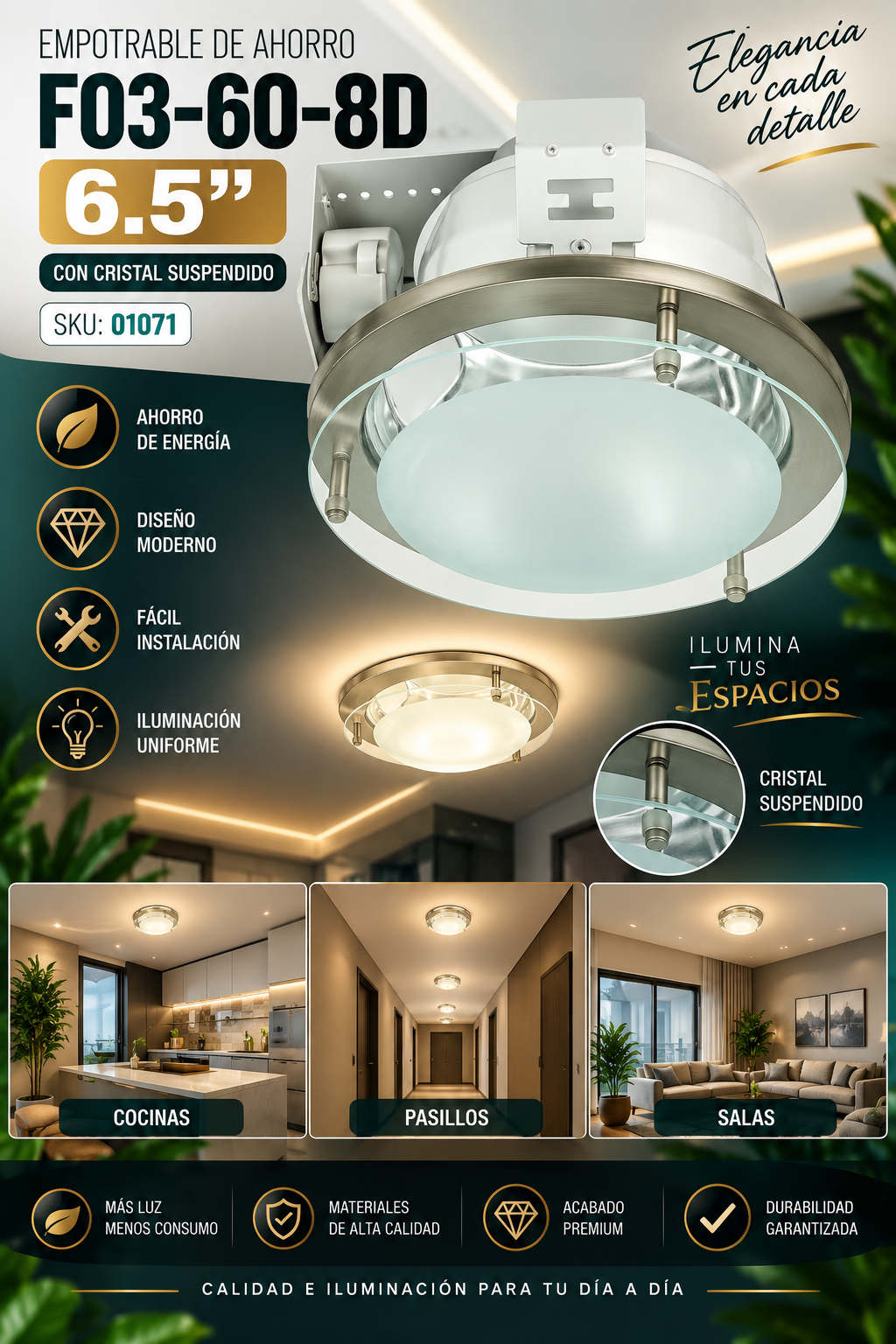 Empotrable de Ahorro 6.5″ F03-60-8D C/Cristal Suspendido EVOLIGHT