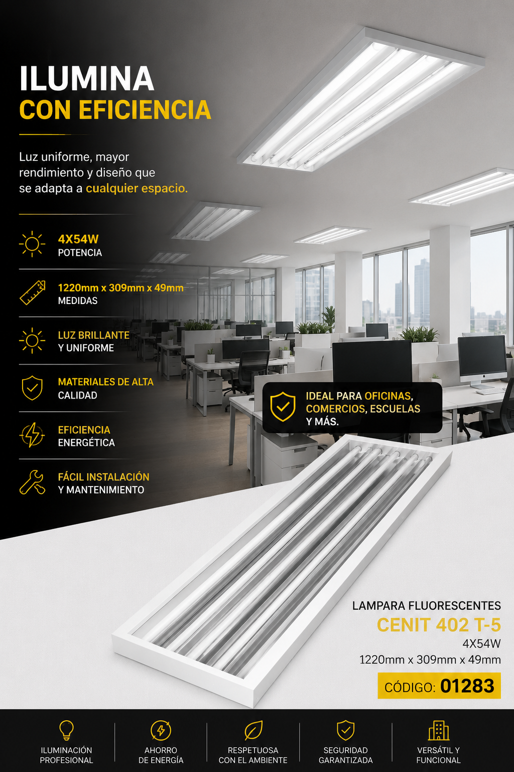 Lampara Fluorescentes 4X54W CENIT 402 T-5 1220mm X 309mm X 49mm