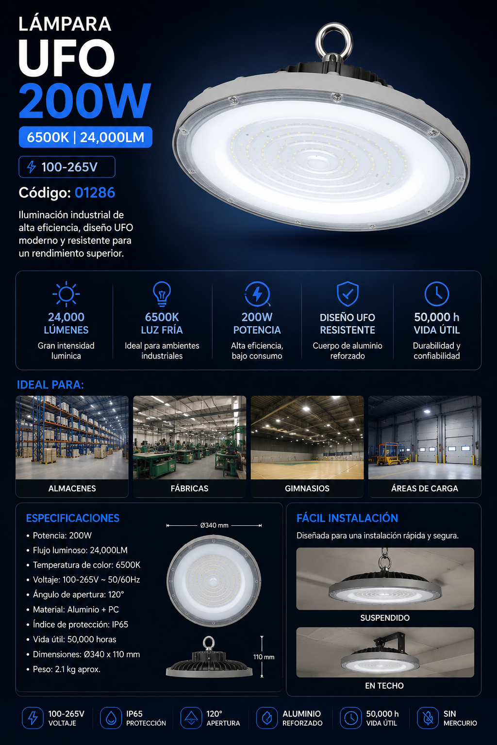 Lampara UFO 200W 6500K B60736 100-265V 24,000LM