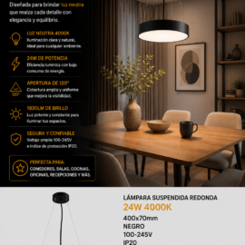 Lampara Suspendida 24W 4000K 400x70mm Redonda Negro 100-245V IP20 1920lm