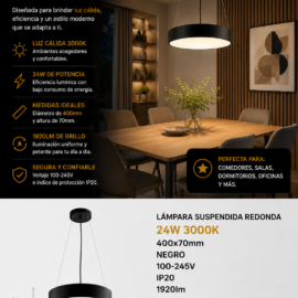 Lampara Suspendida Redonda 120W 3000K 1000x70mm Negro 100-245V IP20 9600lm