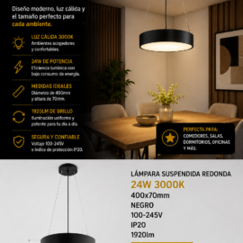 Lampara Suspendida Redonda 24W 3000K 400x70mm Negro 100-245V IP20 1920lm