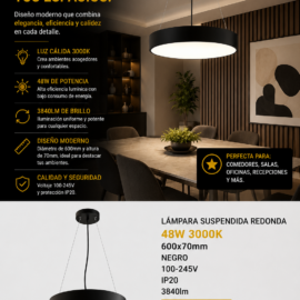 Lampara Suspendida Redonda 48W 3000K 600x70mm Negro 100-245V IP20 3840lm